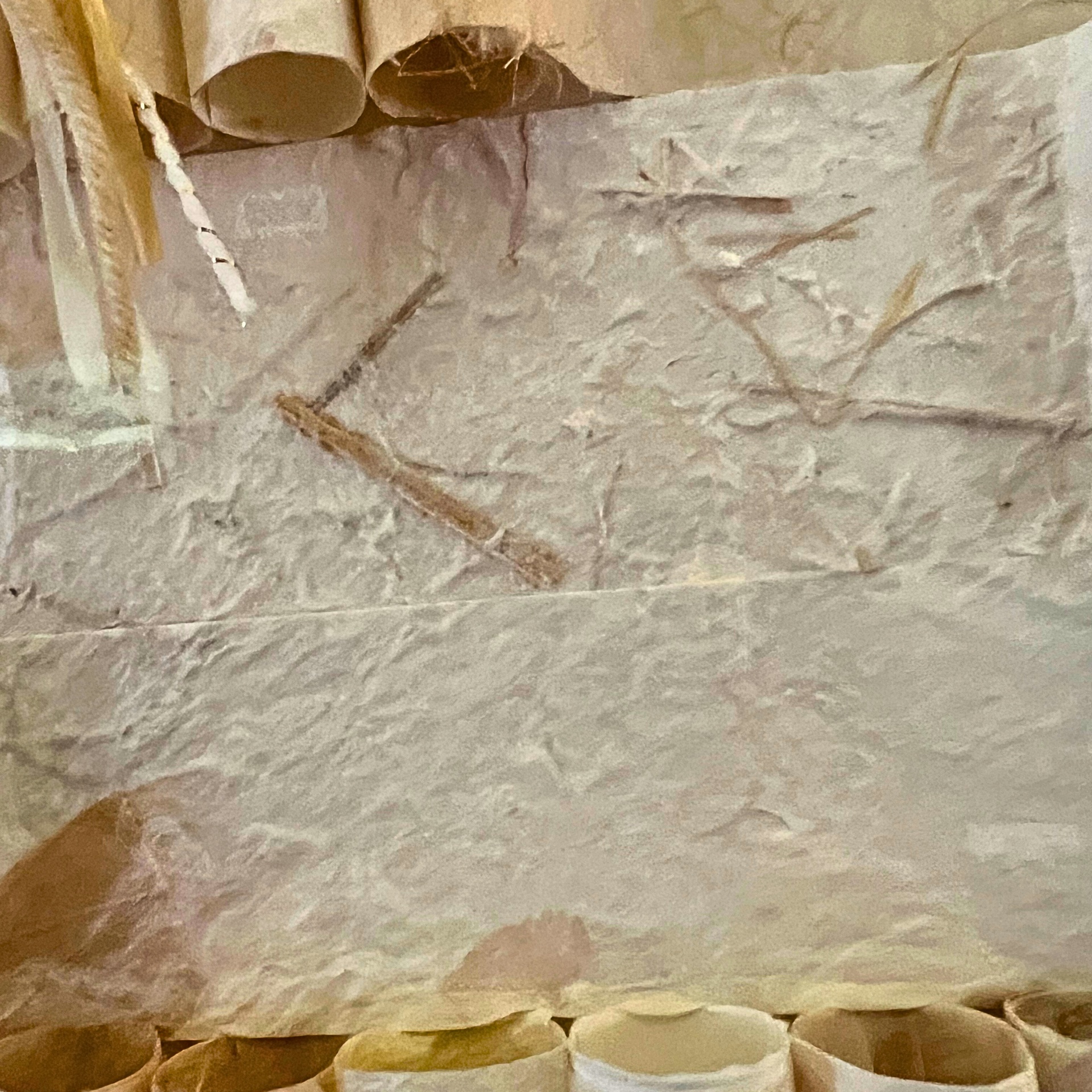 Close-up detail of handmade paper texture showing natural fiber inclusions and dimensional surface