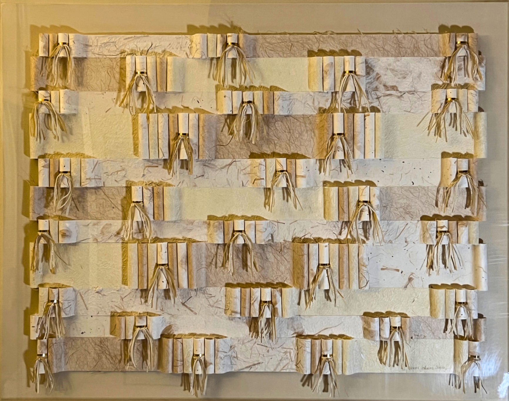Joanne Casey Mixed Media Paper Collage (2005) - 36″ × 46″ handmade paper with natural fiber inclusions in Lucite shadow-box frame